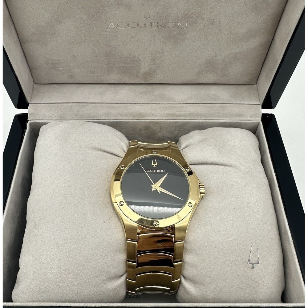 VTG 07 Accutron Belize Gold Tone Stainless Steel Watch Black Face 27B64 Ret $650